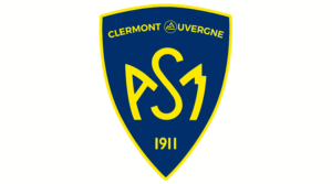 Logótipo de escudo azul com contorno amarelo e as iniciais ASJ, texto superior “CLERMONT AUVERGNE”, inferior “1911”