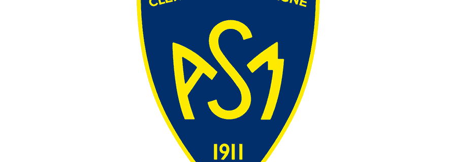 Logótipo de escudo azul com contorno amarelo e as iniciais ASJ, texto superior “CLERMONT AUVERGNE”, inferior “1911”